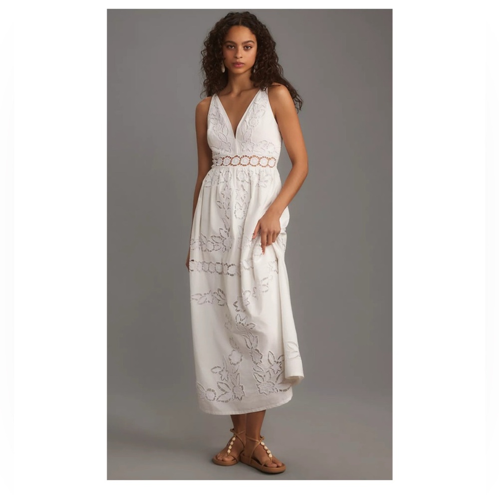 NWT Vineet Bahl, Anthropologie, White Floral Cutwork Midi Dress -XS Petite